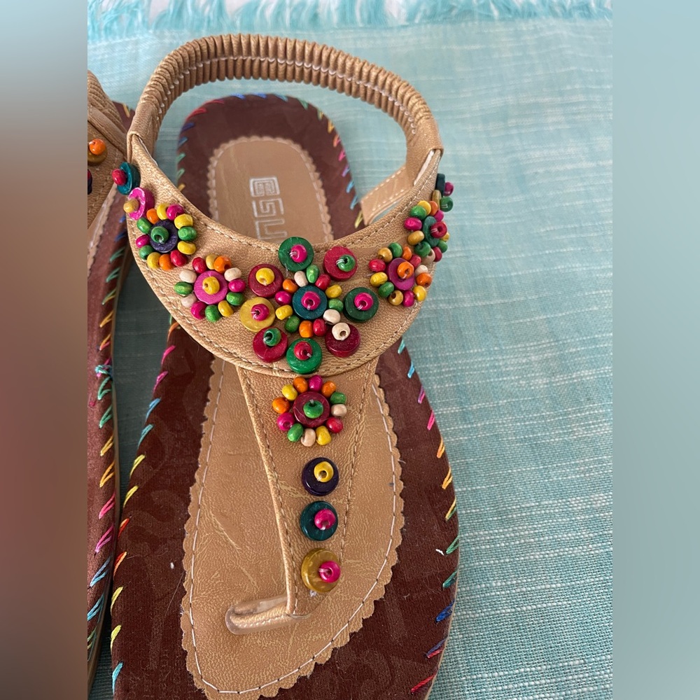 EGUO Tan Sandals with Beaded Straps NWOT - Picture 6 of 6